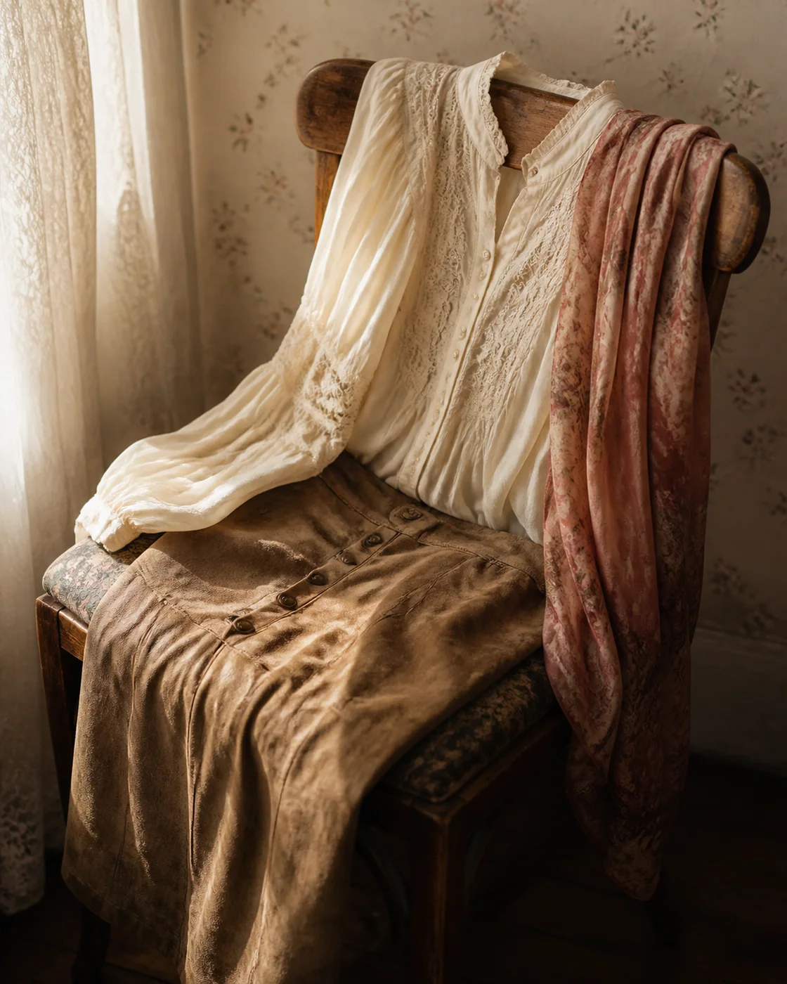 Ivory vintage μπλούζα με suede φούστα και dusty rose μαντήλι