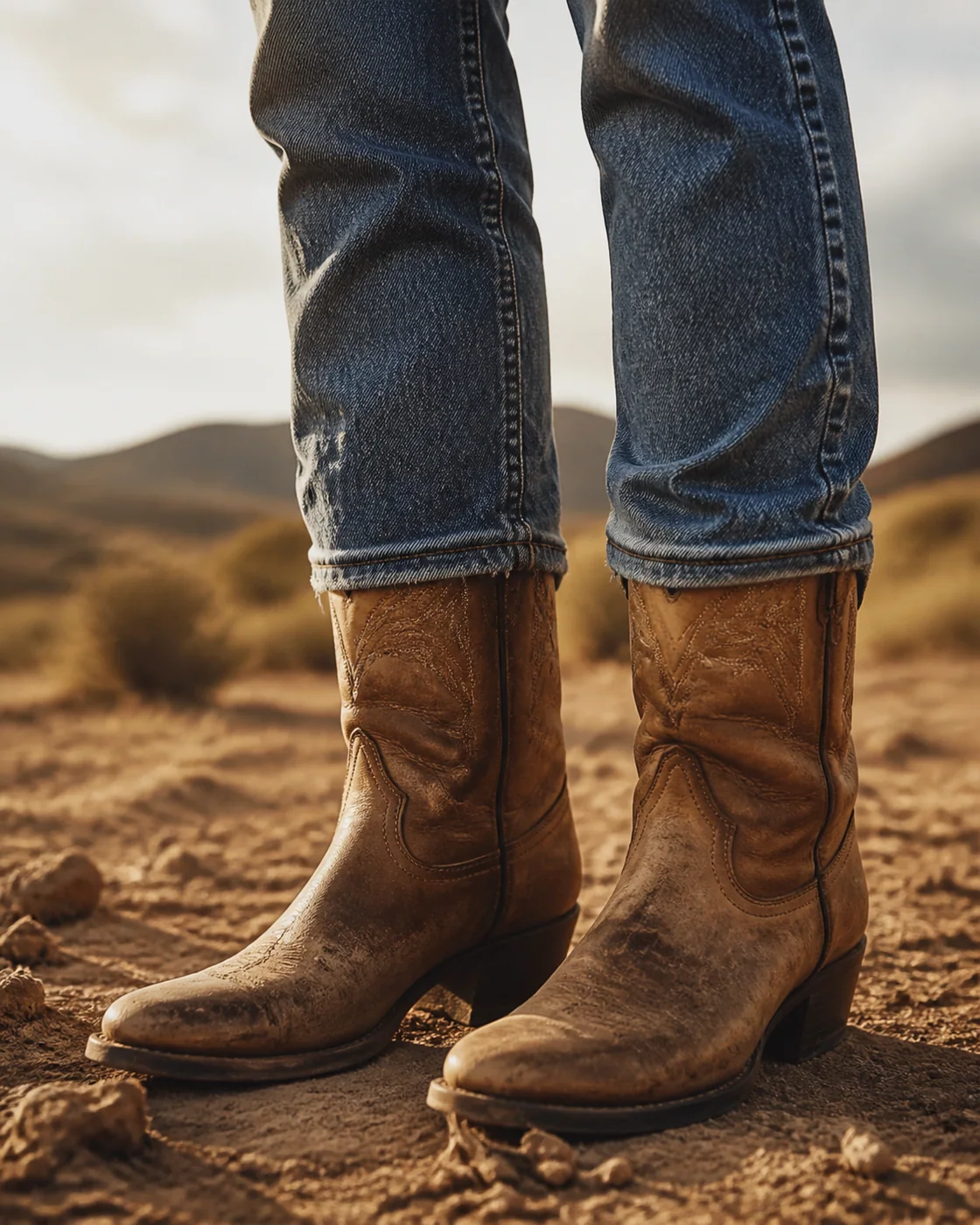 Φορεμένες western μπότες με denim σε χρυσαφένιο τοπίο